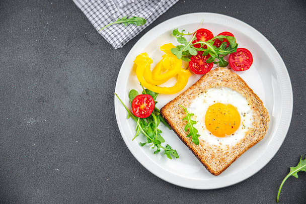 fried egg bread toast scrambled yolk protein delicious breakfast hearty food fresh delicious healthy eating cooking appetizer meal food snack on the table copy space food background rustic top view - Photo, Image