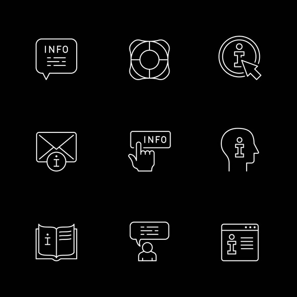 Definir ícones de linha de informações e centro de ajuda isolado em preto. Guia de livro, serviço de apoio, faq, consultoria. Ilustração vetorial - Vetor, Imagem