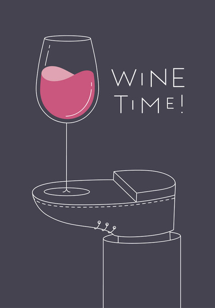Cartel de alcohol. Copa de vino con soportes de letras a pie dibujo en estilo de arte en línea sobre fondo oscuro - Vector, Imagen