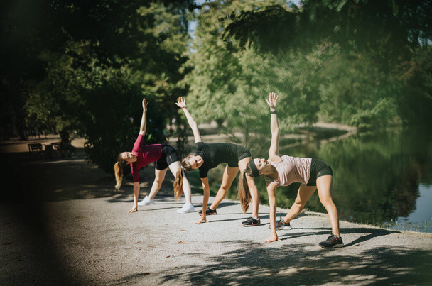 Fit meisjes genieten van buitensporten en stretching oefeningen in een stadspark op een zonnige dag. Vrienden die fit blijven en samen in vorm komen, met een positieve sfeer en een natuurlijke omgeving. - Foto, afbeelding