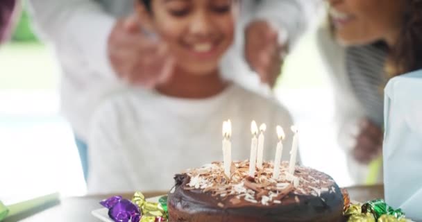 Birthday party, cake and happy family child, surprise and celebrate childhood memory event with excited son. Candle flames, wow gift and young youth kid with celebration, congratulations and cheers. - Footage, Video