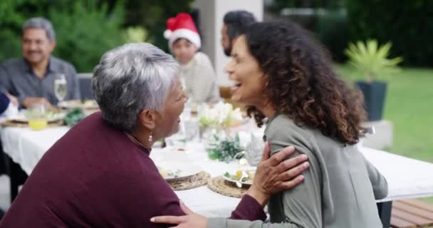 Christmas lunch, conversation and laughing happy family, senior mom or people at funny festive reunion event. Home comedy, social humour and elderly mama, adult daughter and talking about brunch joke. - Footage, Video