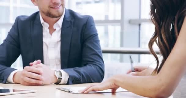 Happy business people, handshake and meeting for hiring, introduction or agreement in deal at office. Businessman shaking hands with woman in recruiting for teamwork, partnership or b2b at workplace. - Footage, Video