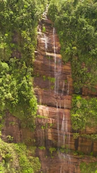 Вид с воздуха на водопад на склоне горы среди тропической растительности. Масфелия, Шри-Ланка. - Кадры, видео