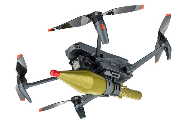 Drone de course avec bombe. FPV Configuré pour livrer des charges anti-blindage. rendu 3D isolé sur fond blanc - Photo, image