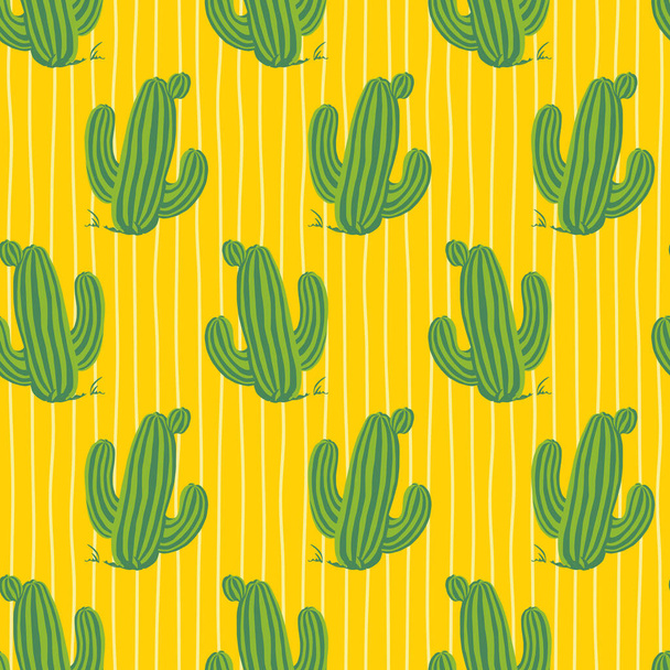 Vector yellow cute cactus repeat pattern with thin vertical stripes background. Suitable for textile, gift wrap and wallpaper. Surface pattern design. - Vector, Image