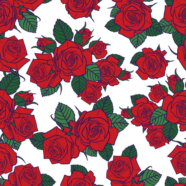 Vektor vörös rózsák és zöld levelek lila körvonalak againts fehér háttér zökkenőmentes mintát. Tökéletes szövet, scrapbooking és tapéta projektek. Felületi mintázat kialakítása. - Vektor, kép