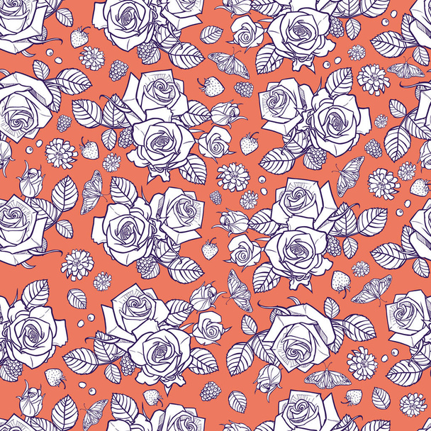 Vector orange and white roses and berries seamless pattern. Perfect for fabric, scrapbooking and wallpaper projects. Surface pattern design. - Vector, Image