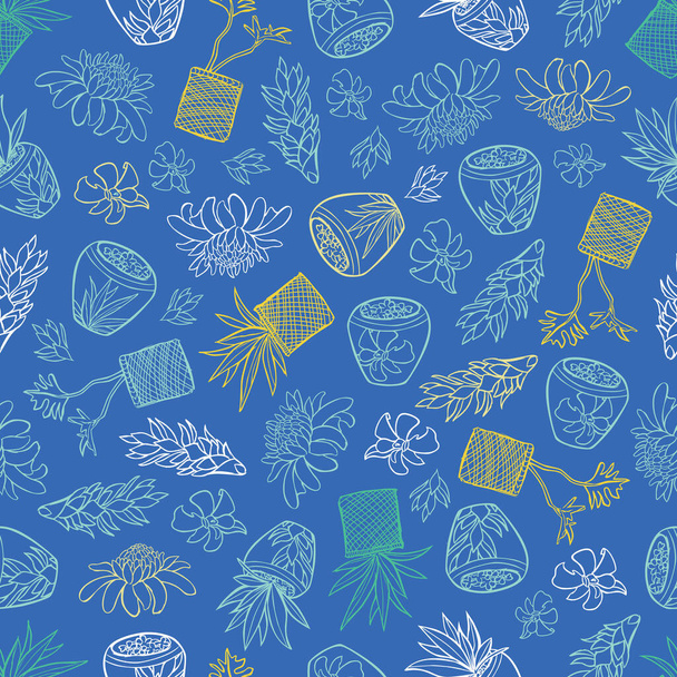 Vektorově modrý tropický vzor se zázvorovými květy, košíky rostlin a keramické hrnce ve stylu Bali. Ideální pro tkaniny, scrapbooking, tapetové projekty. Návrh povrchového vzoru. - Vektor, obrázek