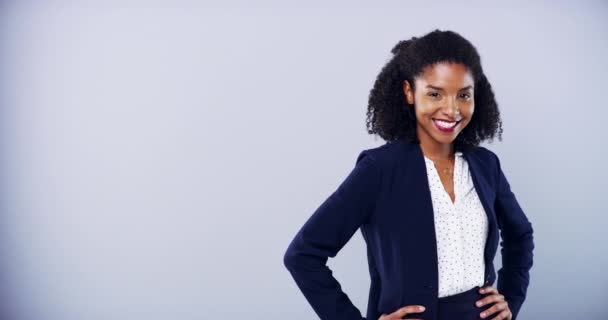 Happiness, arms crossed and pointing black woman, professional consultant or realtor gesture at service promo. Mockup studio space, ads presentation and portrait real estate agent on white background. - Footage, Video