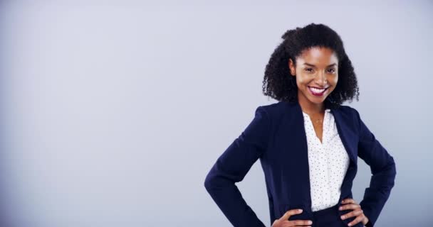 Smile, arms crossed or pointing black woman, corporate consultant or realtor gesture at business service direction. Mockup space, studio notification or portrait real estate agent on white background. - Footage, Video