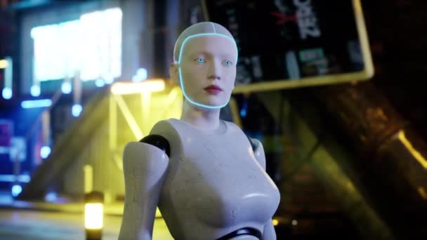 жіночий робот, що йде вулицею у великому місті. Гуманоїдний робот ШІ перетинає вулицю. 3D анімація. майбутнє завдання автоматизації - Кадри, відео