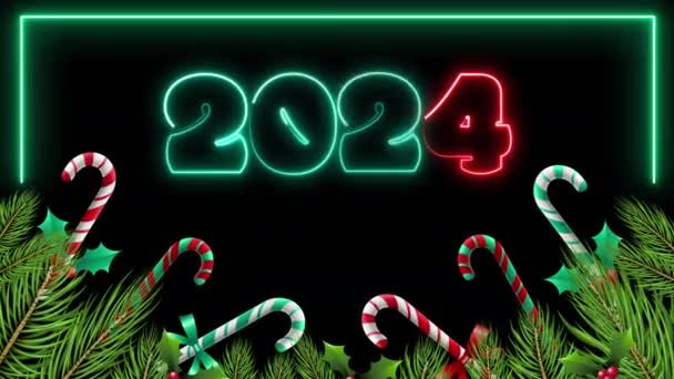 2024 Новорічний неоновий знак і святкові прикраси на чорному тлі - Кадри, відео