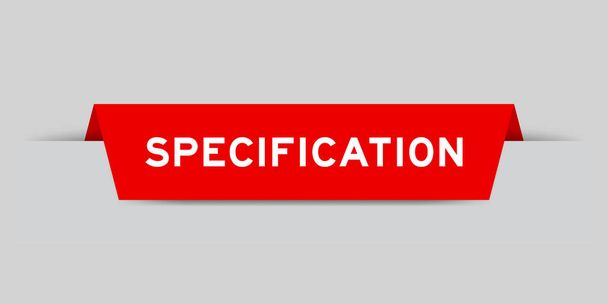 Rote Farbe eingefügtes Etikett mit Wortspezifikation auf grauem Hintergrund - Vektor, Bild