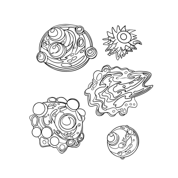 Cosmic planets and stars. Astronaut, space, fantastic printing set for designers, logo, label, icon - Vector, Image