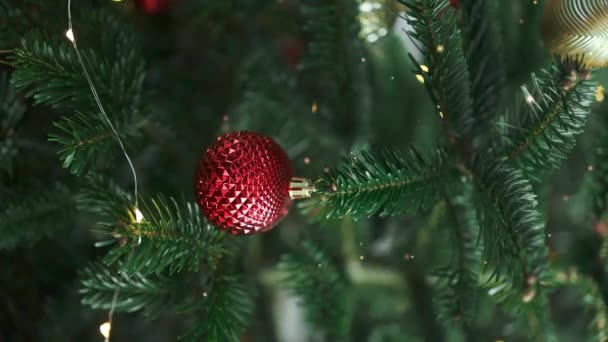 Primer plano de bolas de Navidad en el árbol de Navidad. Guirnaldas Bokeh al fondo. Concepto de Año Nuevo.  - Imágenes, Vídeo