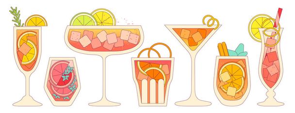 Vektorlapos illusztráció gradienssel és vázlattal. Alkoholos hideg ital citrusszal, lime-mal és citrommal. Koktél üvegben. Folyékony, magas és reteszes üvegben. Margarita, tequila. Koktélital - Vektor, kép