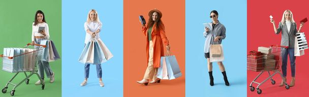 Collage de mujeres con compras y tarjetas de crédito sobre fondo de color - Foto, Imagen