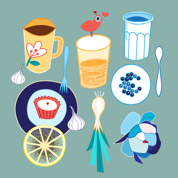 Set of different food and drink - Wektor, obraz