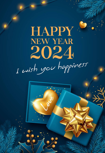Boldog új évet 2024, Arany szív egy nyitott kék ajándék doboz arany szalag, bogyó és kék fenyő levél, sárga dekoratív blub fények poszter szórólap design kék háttér, Eps 10 vektor illusztráció - Vektor, kép