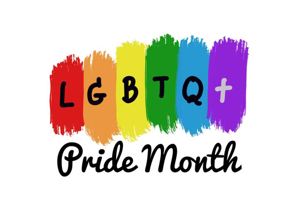 LGBTQ+ Pride Month on rainbow colors stripes. White background. Concept, symbol of LGBT community celebration around the world in June. Support human right. Greeting card. - Photo, Image