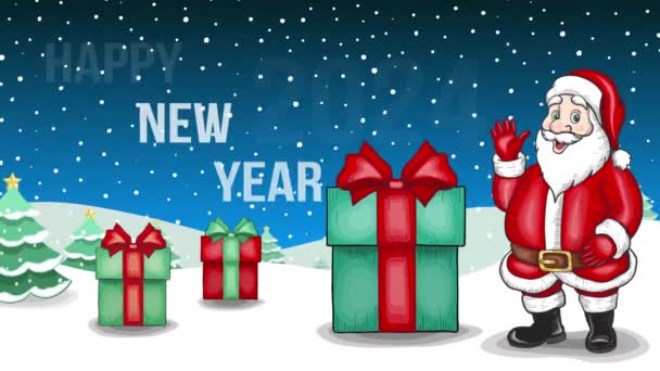 Animated Καλή Χρονιά 2024 Ευχετήρια κάρτα με τον Άγιο Βασίλη και τα δώρα. - Πλάνα, βίντεο