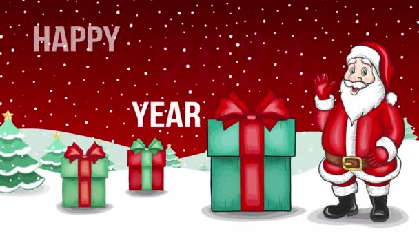 Animowany Szczęśliwego Nowego Roku 2024 Kartka z życzeniami Świętego Mikołaja i prezentów. - Materiał filmowy, wideo