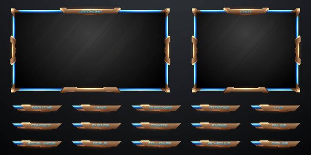Cadre de webcam de superposition de flux de frontière bleu or et néon et panneaux d'écran d'alerte de flux pour le jeu et la diffusion vidéo en continu - Vecteur, image