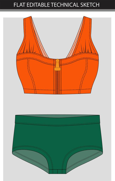 Maillot de bain femme. Soutien-gorge vectoriel illustration orange avec fermeture éclair et culotte verte - Vecteur, image