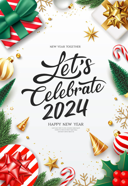 2024 Pojďme slavit šťastný nový rok ozdoby, přání plakát leták design izolované na bílém pozadí, Eps 10 vektorové ilustrace - Vektor, obrázek