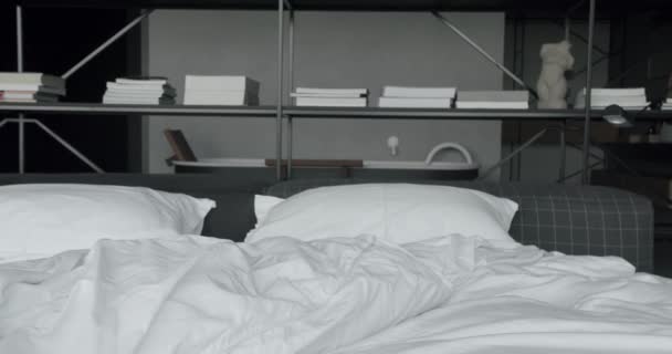 Camera da letto moderna Interno e letto con molti cuscini. stile scandinavo minimalista di interni. Elegante e semplice camera da letto con un letto king size. Interno con libreria a parete. Immobiliare. - Filmati, video