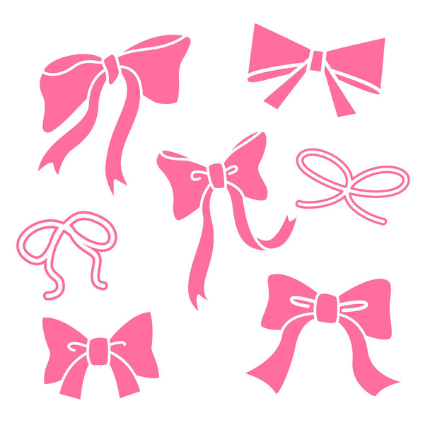 Fita e arco mão desenhada com contorno rosa para elemento, celebração, ilustração, presente e valentine. Estilo doodle - Vetor, Imagem