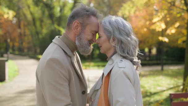Love old couple hug cuddle together in park outdoors touch foreheads bonding relationships mature happy man woman grandparents in retirement gray-haired senior family husband and wife in nature autumn - Footage, Video