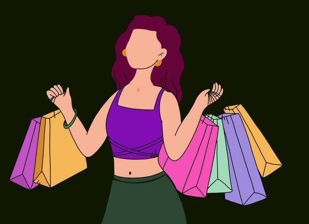 Chica de compras. Chica joven con bolsas de colores. Feliz chica bonita sosteniendo bolsas de compras. Ilustración del concepto de compras - Foto, imagen