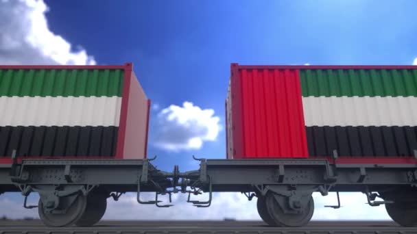 Contenedores con la bandera de los EAU. Emiratos Árabes Unidos transporte ferroviario. - Metraje, vídeo