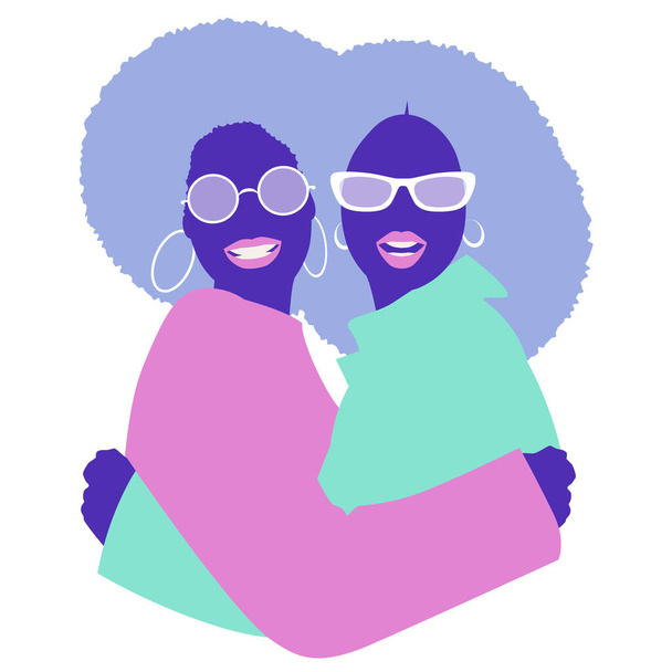 Jeunes femmes afro-américaines souriantes embrassant joyeusement, portant des lunettes à la mode et une coiffure des années 70, isolées sur fond blanc - Vecteur, image