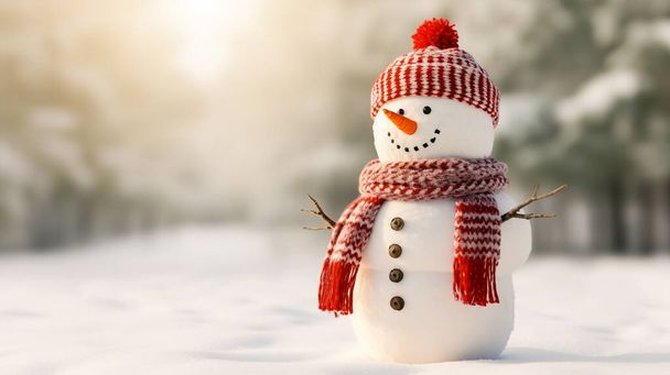 Un muñeco de nieve con sombrero de punto y bufanda en invierno soleado y nevado. - Foto, imagen