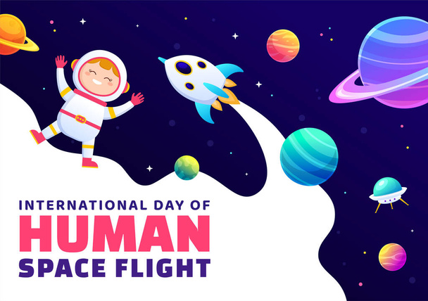 Διεθνής Ημέρα της Ανθρώπινης Διαστημικής Εικονογράφησης Πτήσεων στις 12 Απριλίου με τον Αστροναύτη να στέκεται στη Σελήνη, τους Δορυφόρους Μεταδότες και τους Πλανήτες - Διάνυσμα, εικόνα