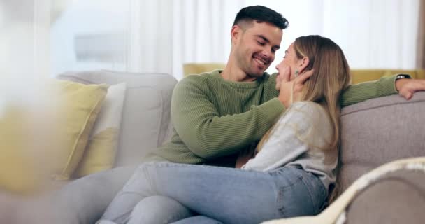Man, woman and love, couple on sofa with trust, intimacy and affection at home with bonding and care. Happy relationship, people relax in living room and forehead touch with commitment and romance. - Footage, Video
