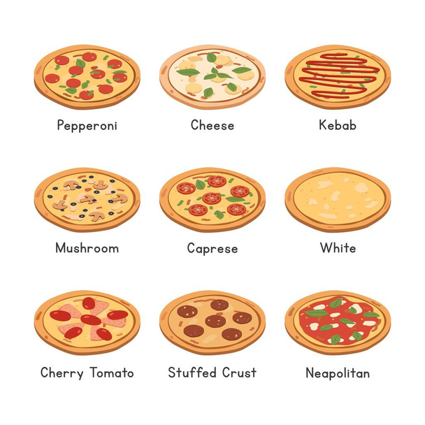 Különböző típusú pizza izometrikus vektor készlet. Pepperoni, sajt, kebab, gomba, Caprese, fehér, cseresznye paradicsom, nápolyi pizza Clipart Rajzfilm Izometrikus stílus Vektor dizájn. Ízletes változatosság - Vektor, kép