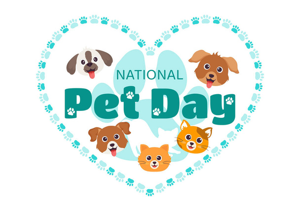 Día Nacional de las Mascotas Vector Ilustración el 11 de abril con Lindas Mascotas de Gatos y Perros para Celebra a tu Compañero Animal en Fondo de Dibujos Animados Planos - Vector, imagen