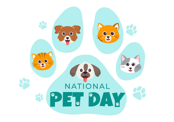 National Pet Day Vector Illustration am 11. April mit niedlichen Haustieren von Katzen und Hunden zum Feiern Ihres tierischen Gefährten im flachen Cartoon-Hintergrund - Vektor, Bild