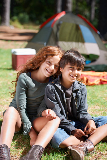 Relax, children camping or portrait of friends in nature for playing, adventure or holiday vacation in park. Wellness, support or happy kids with smile in woods, garden or forest for hiking or travel. - Photo, Image