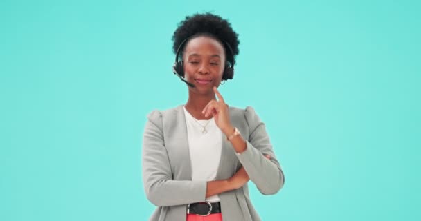 Customer service, thinking or black woman with okay, palm or telemarketing idea, tech support plan or call center space. Studio mockup, ok portrait or happy person problem solving on green background. - Footage, Video
