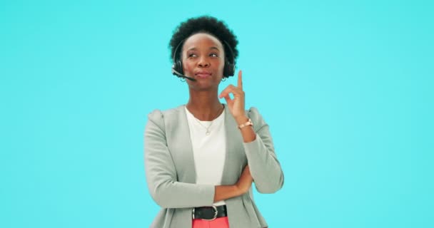 Customer service, thinking or black woman with okay, palm hand gesture and callcenter ideas, CRM plan or ecommerce choice. Mockup studio space, ok portrait or happy person planning on blue background. - Footage, Video