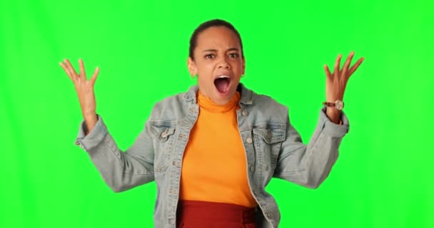 Excited, woman and portrait of surprise on green screen in studio, background and happiness for announcement or news. Wow, face and happy African gen z, girl or college student in celebration. - Footage, Video