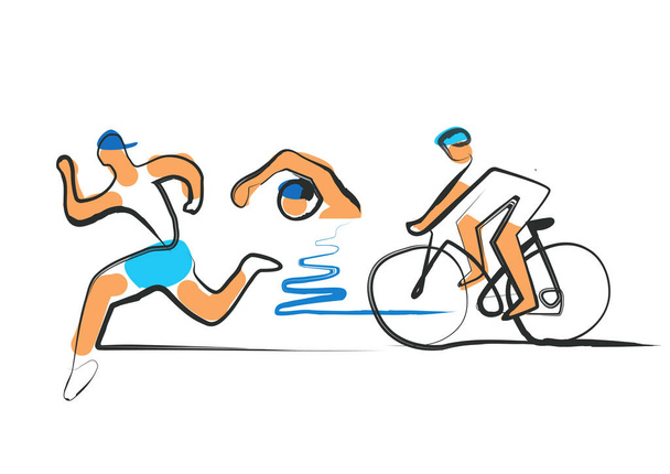 Triathlon cycling swimming, fitnes, line art. Illustration of Triathlon athletes. Continuous Line Drawing. Isolated on white background. Vector available. - Vector, Imagen