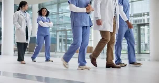 Doctor group, walking and healthcare conversation with planning in hospital of medical group. Nurses, employees and team in a clinic with discussion, communication and collaboration for nursing. - Footage, Video