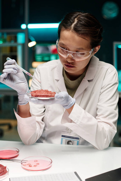 Giovane scienziata che aggiunge acqua sul campione di carne usando la pipetta - Foto, immagini