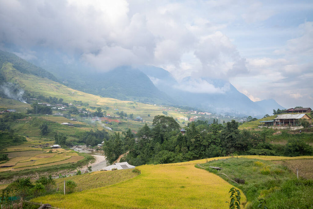 Dieses Landschaftsbild wurde im Sommer in Asien, in Vietnam, in Tonkin, in Sapa, in Richtung Lao Cai aufgenommen. Wir sehen das traditionelle Dorf an den Berghängen mit tropischen Wäldern mit grünen und gelben Reisterrassen, unter den Wolken. - Foto, Bild